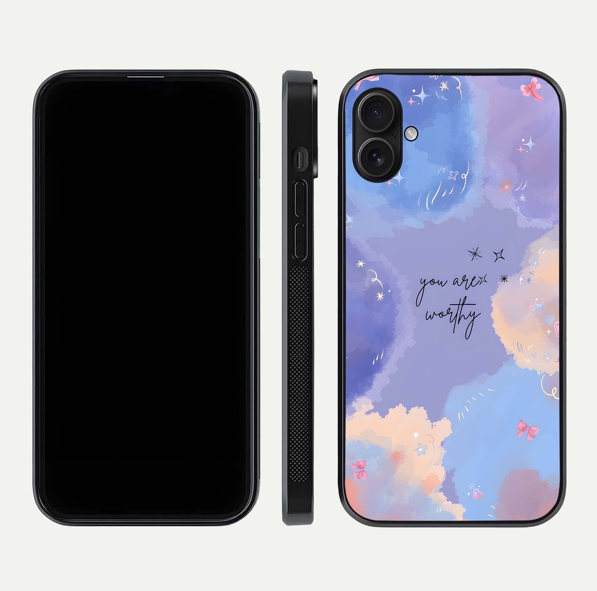 Celestial Cloud Magic Glass Case for iPhone 16 Plus dual-view layout showcasing soft color transition and gloss shine