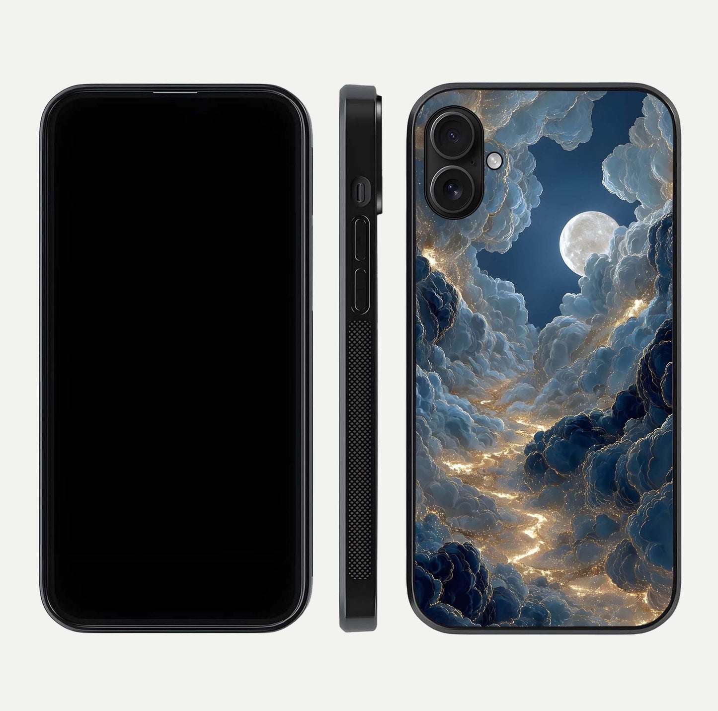 Celestial Cloud Road Glass Case for iPhone 16 Plus front-and-back layout displaying balance between light and depth