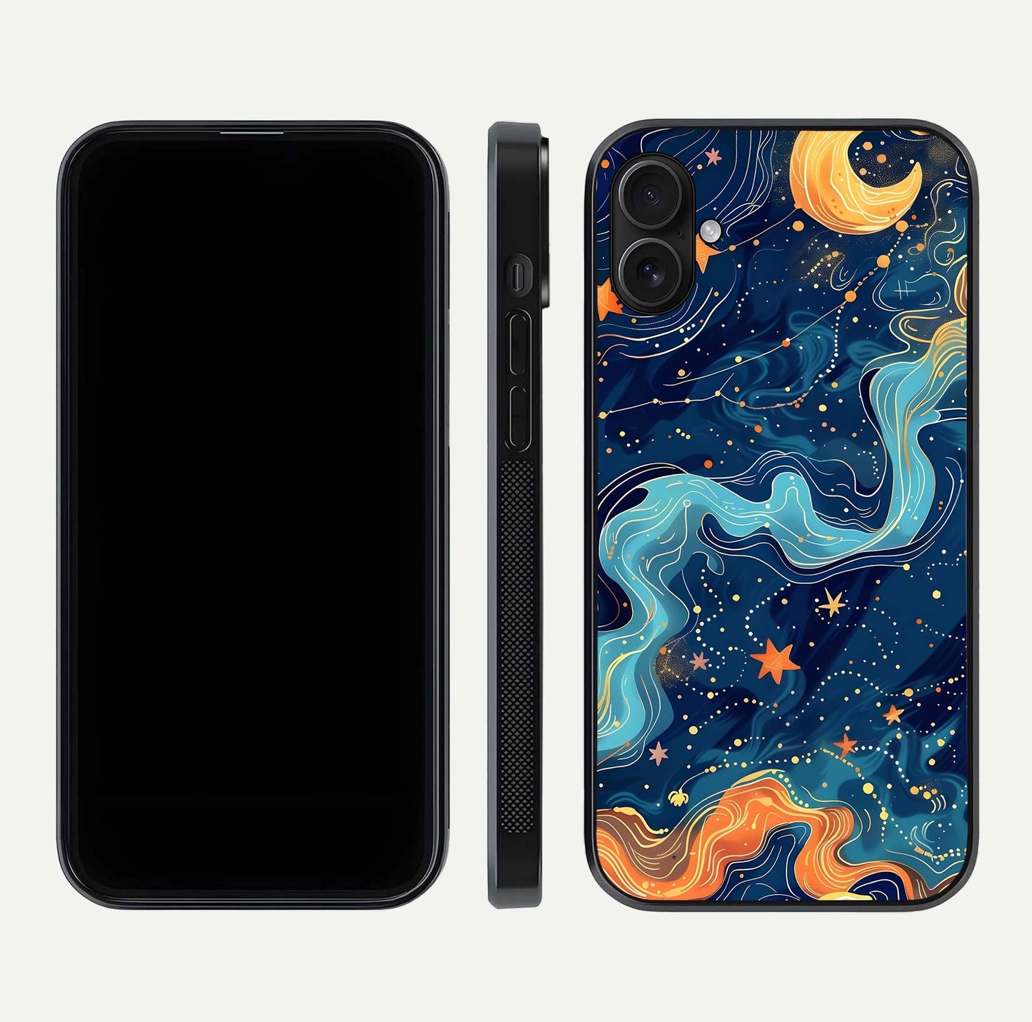 Celestial Dream Flow Glass Case for iPhone 16 Plus dual-view layout showing abstract flow and curved glass