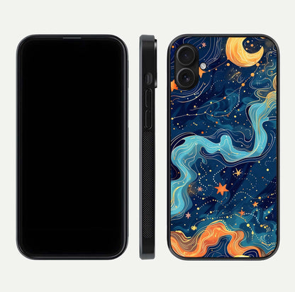 Celestial Dream Flow Glass Case for iPhone 16 Plus dual-view layout showing abstract flow and curved glass