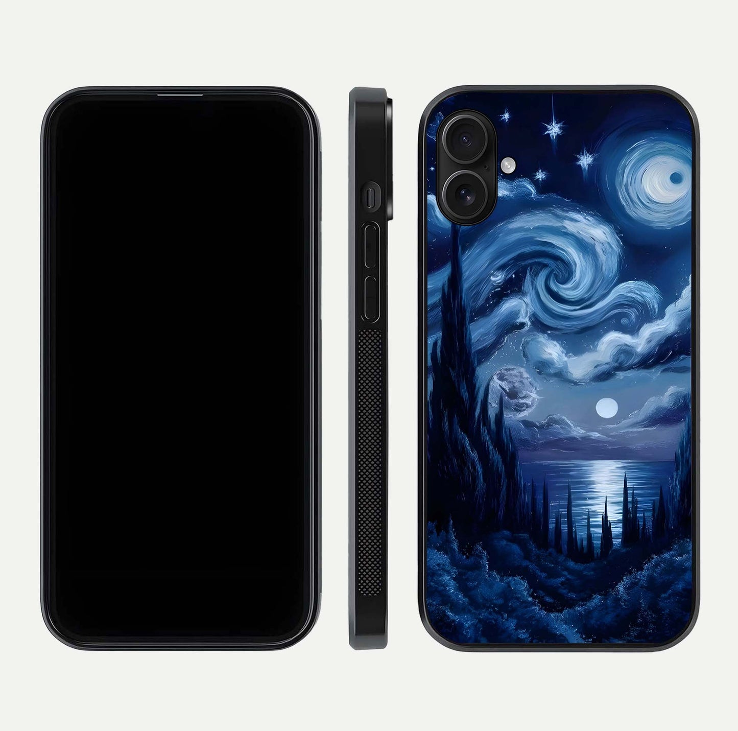 Celestial Dream Van Gogh Glass Case for iPhone 16 Plus dual-view layout displaying art texture and glass polish