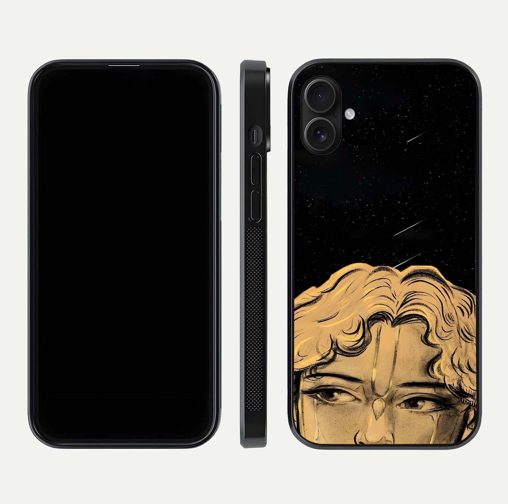 Celestial God’s Plan Glass Case for iPhone 16 Plus front & back layout showing smooth finish and spiritual art