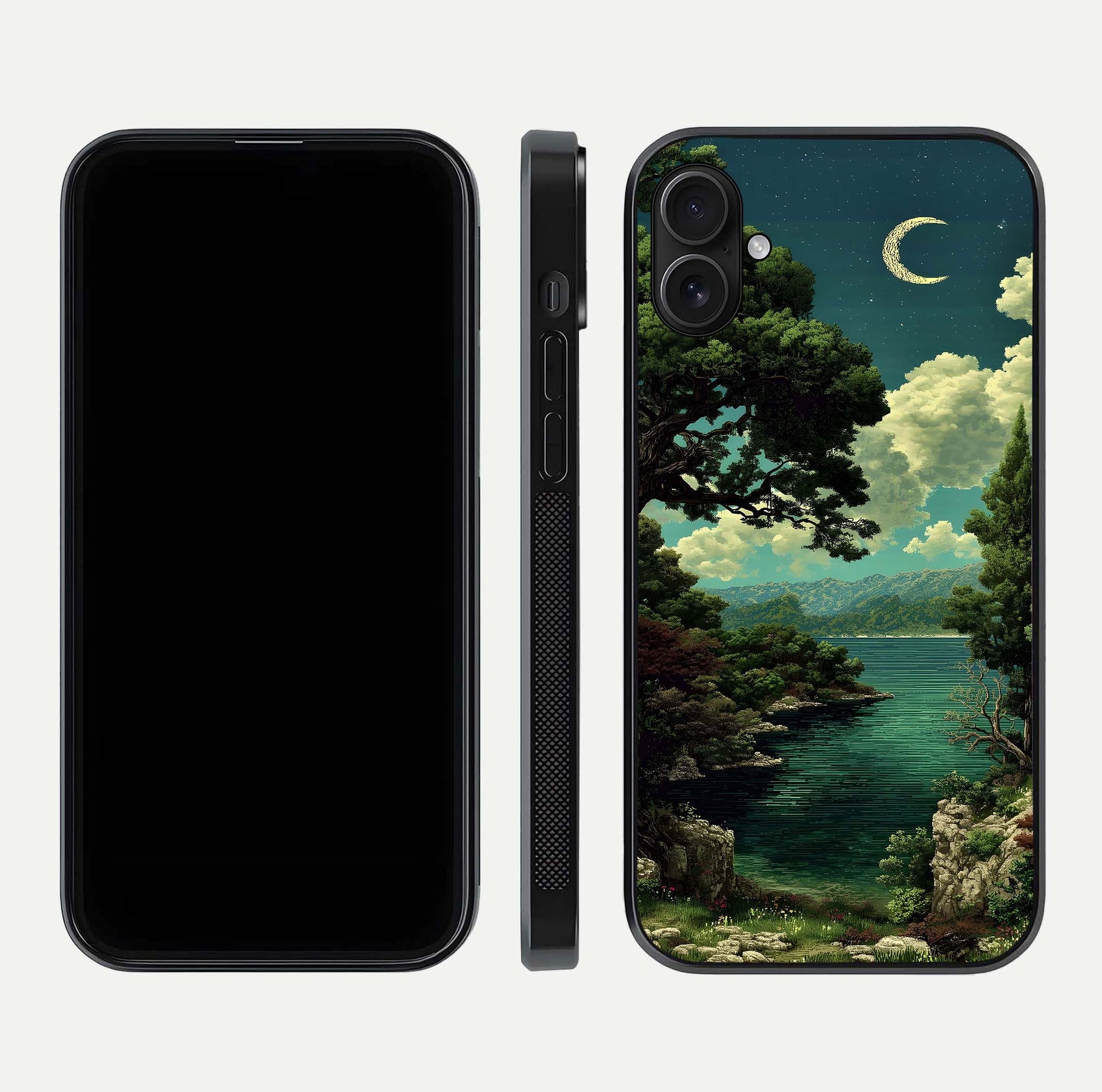 Celestial Lake Peace Glass Case for iPhone 16 Plus dual-view layout showing soft hues and HD shine