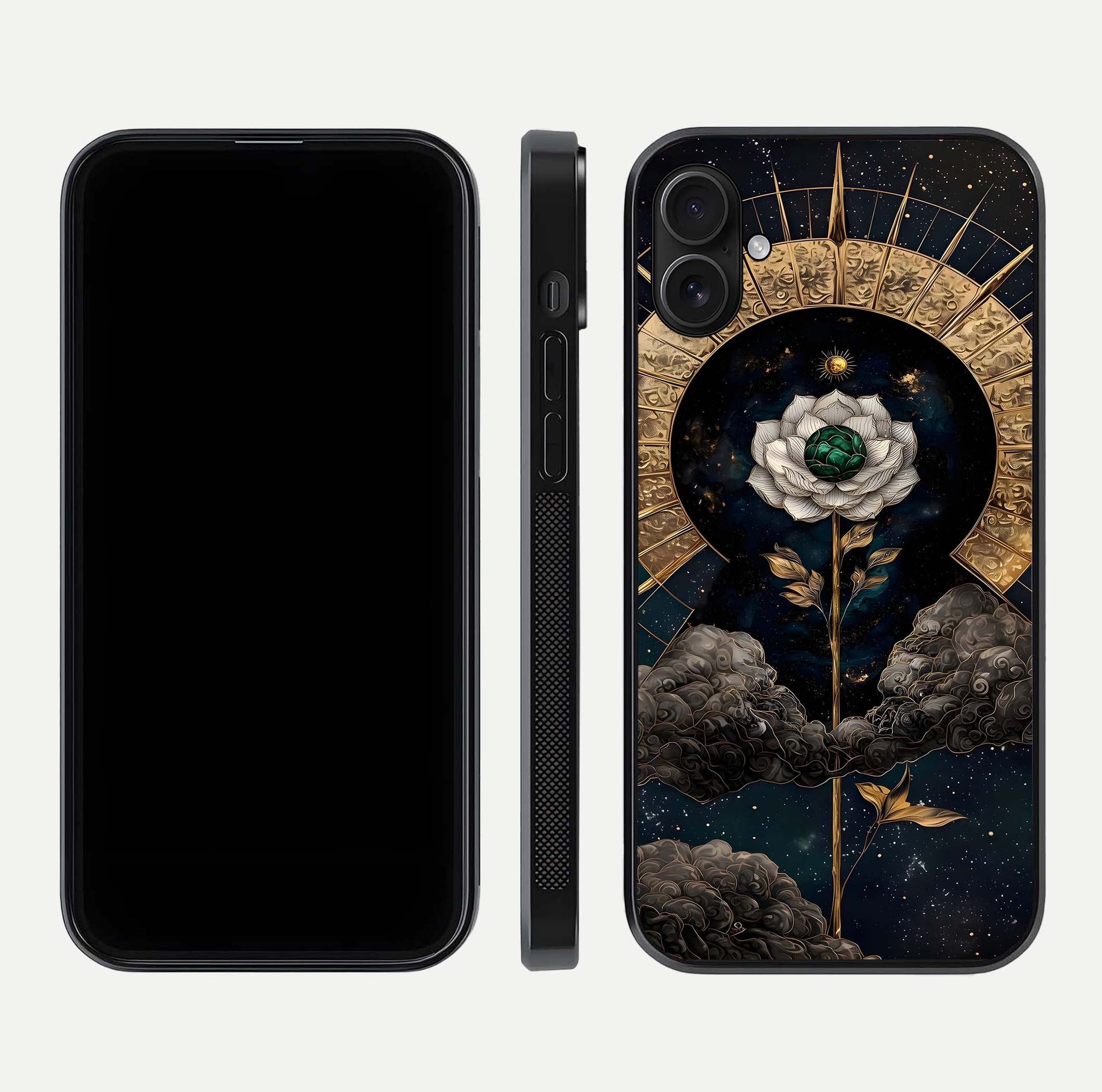 Celestial Lotus Morang Glass Case for iPhone 16 Plus dual-view layout displaying floral symmetry and polished edges