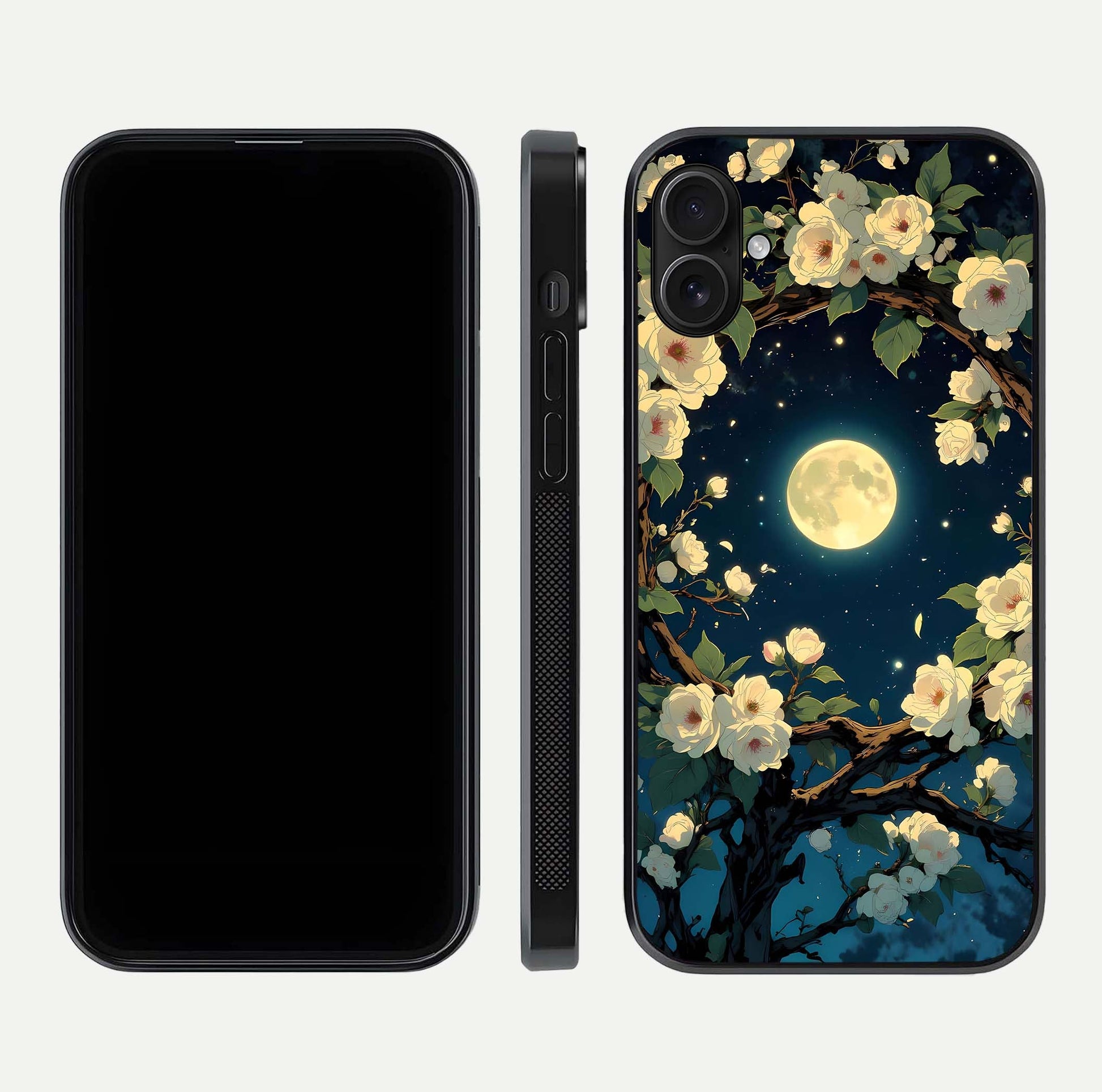 Celestial Moon & Flower Glass Case for iPhone 16 Plus dual-view layout showing balanced lunar art and gloss tone