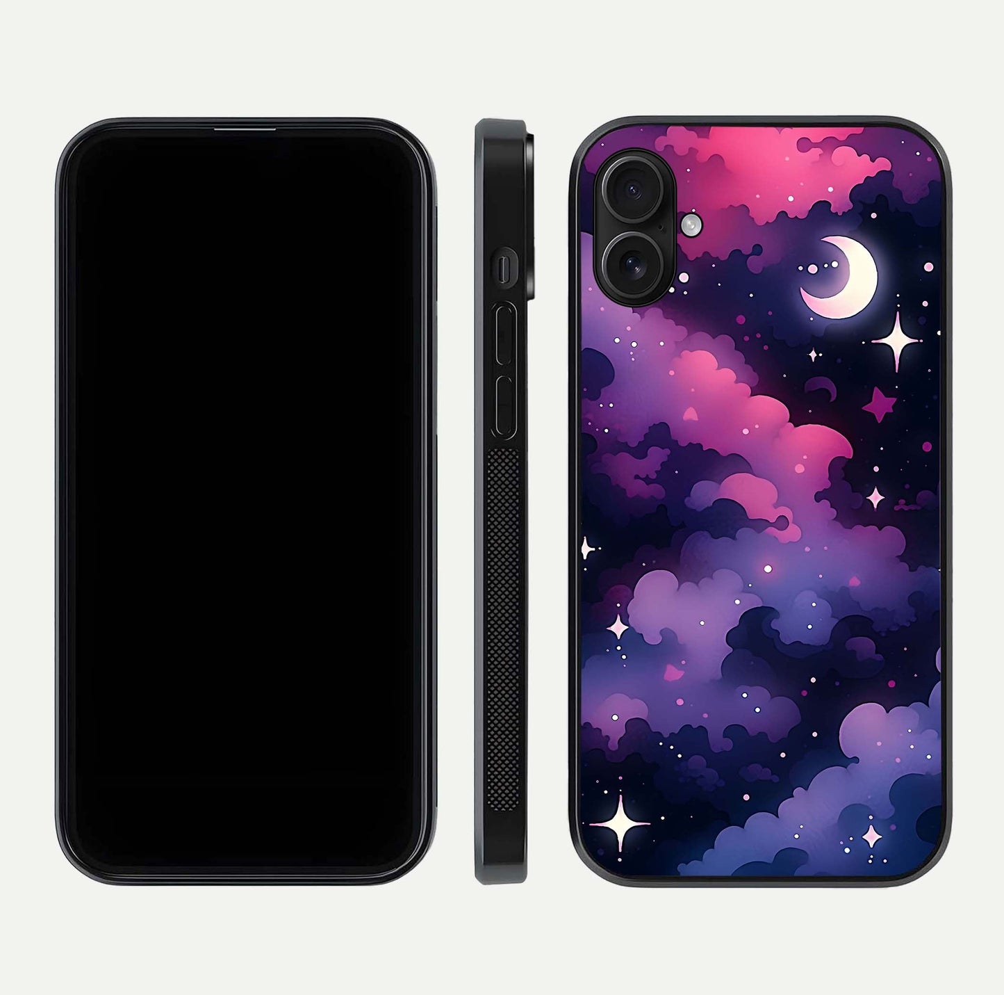 Celestial Moon Magic Glass Case for iPhone 16 Plus dual-view layout displaying lunar design and sleek edges