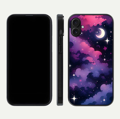 Celestial Moon Magic Glass Case for iPhone 16 Plus dual-view layout displaying lunar design and sleek edges