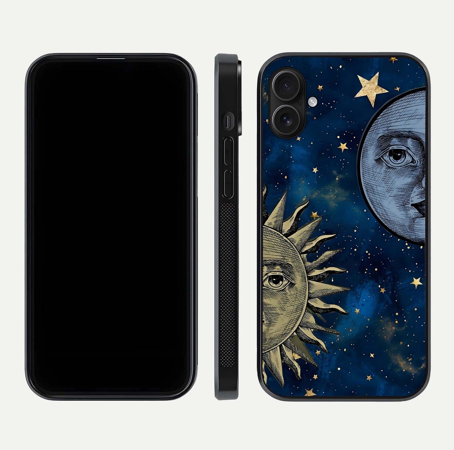 Celestial Moon With Sun Glass Case for iPhone 16 Plus dual-view layout showing luminous pattern and curved edges