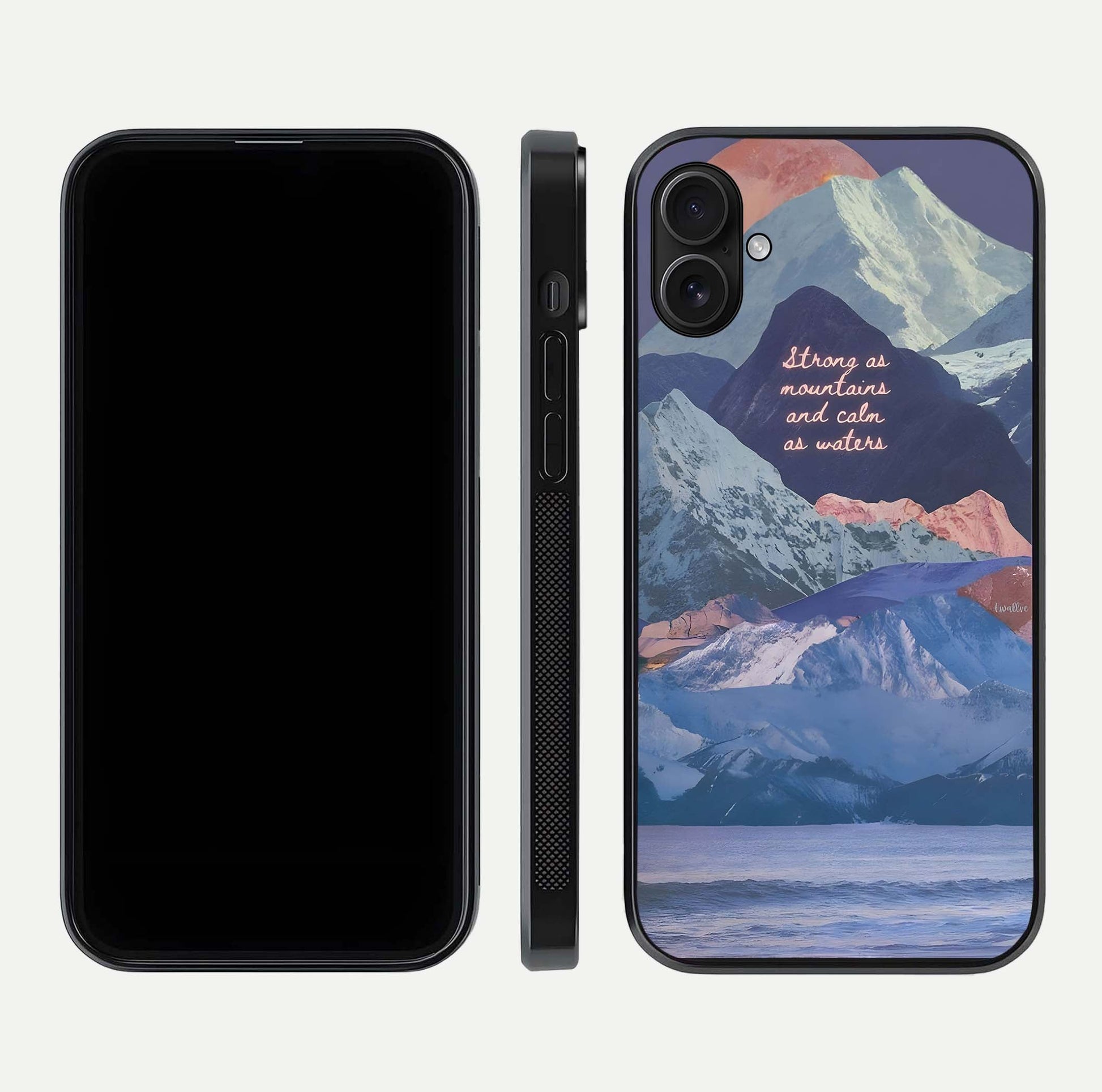 Celestial Mountain Calm Glass Case for iPhone 16 Plus dual-view layout displaying scenic tones and curved finish