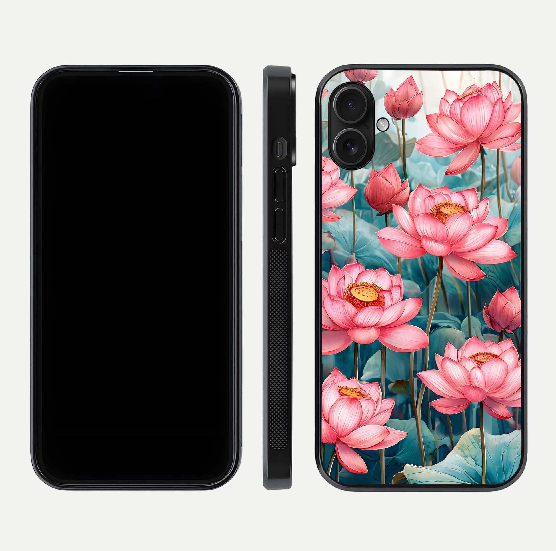 Celestial Pink Lotus Glass Case for iPhone 16 Plus dual-view layout showing floral center and smooth edges