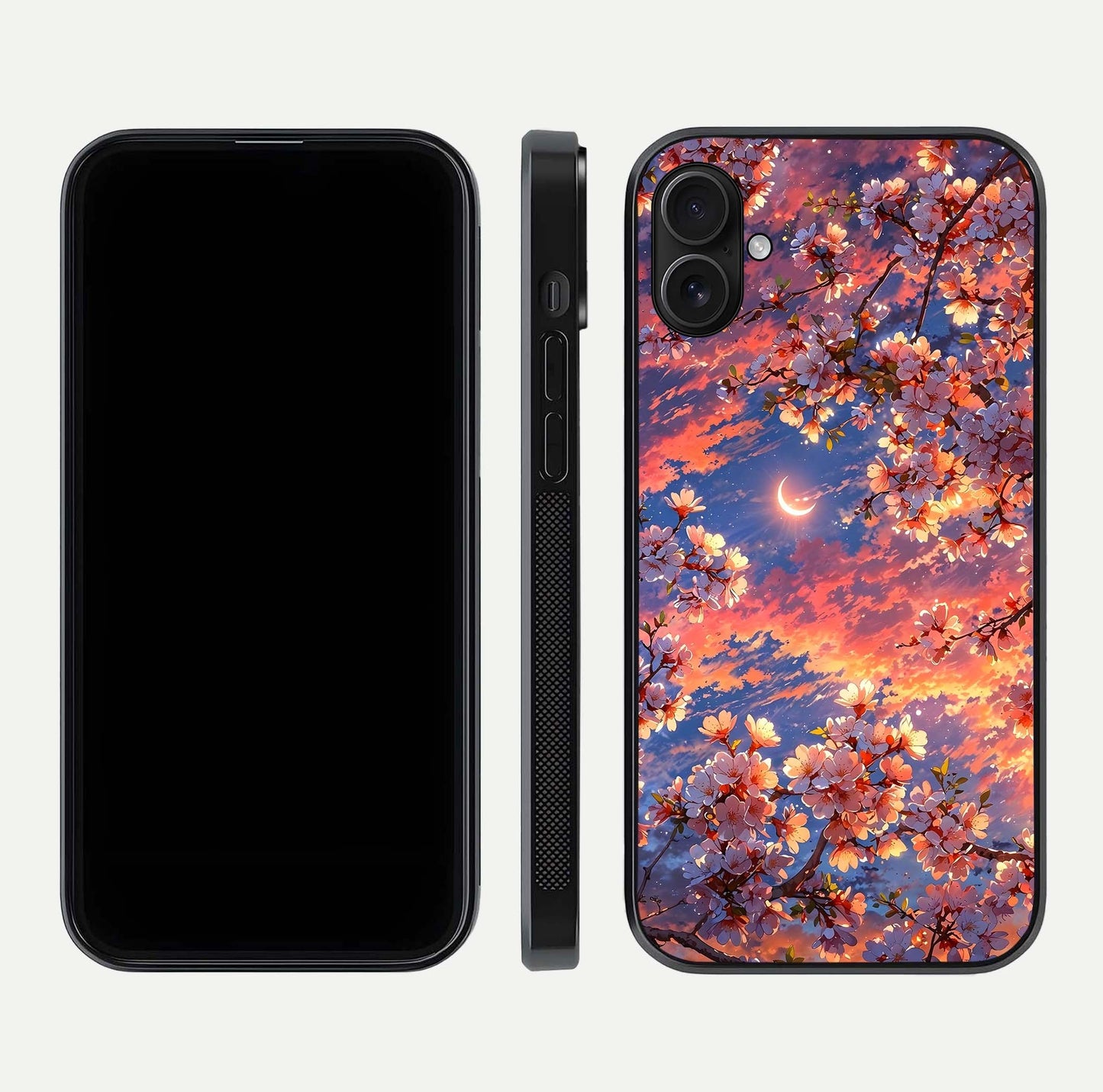 Celestial Sakura Sunset Glass Case for iPhone 16 Plus dual-view layout showing floral gradient and reflection polish