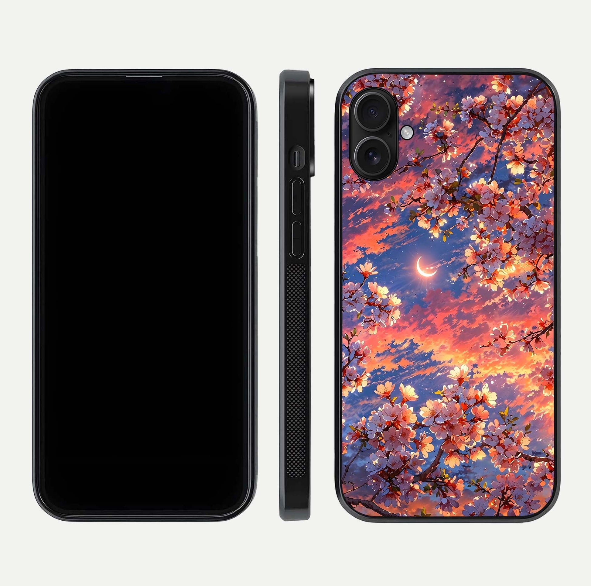 Celestial Sakura Sunset Glass Case for iPhone 16 Plus dual-view layout showing floral gradient and reflection polish
