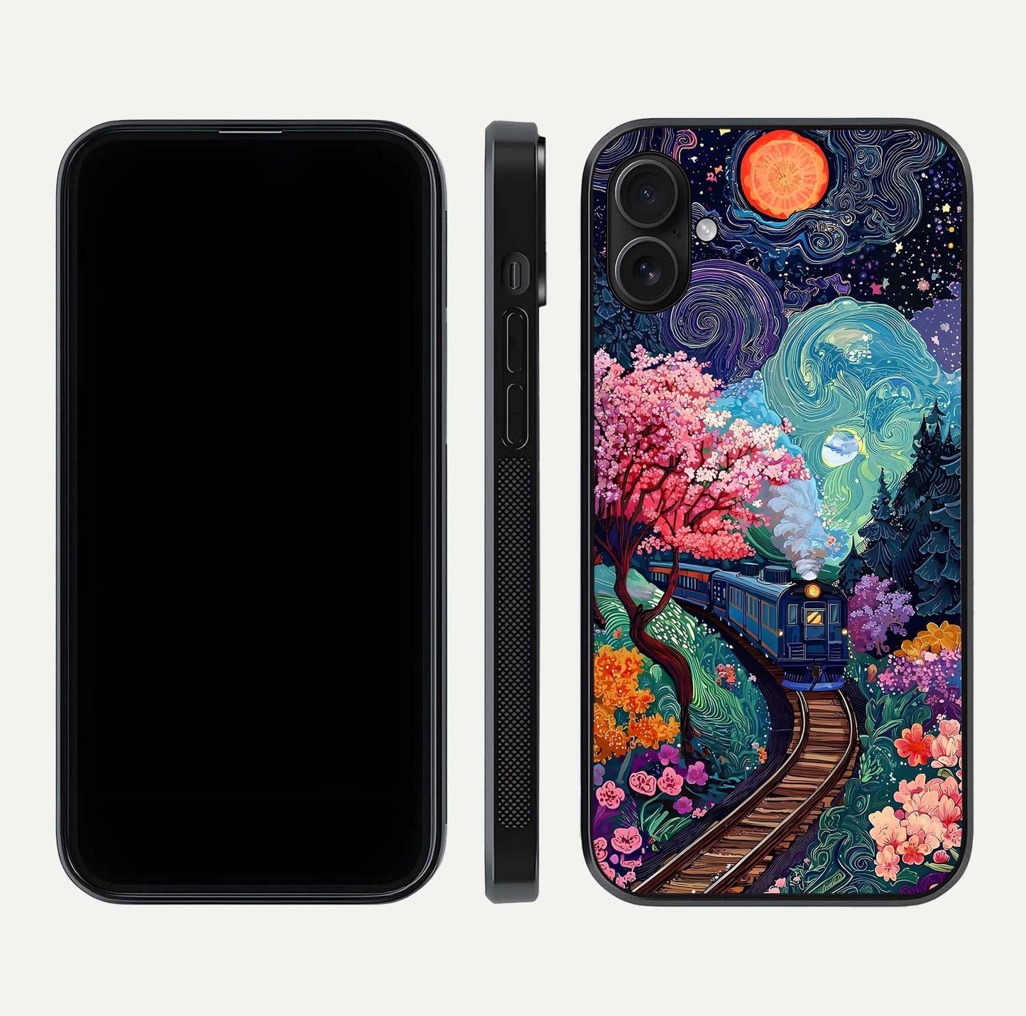 Celestial Train Journey Glass Case for iPhone 16 Plus dual-view layout showing cosmic art balance and curved glass edges