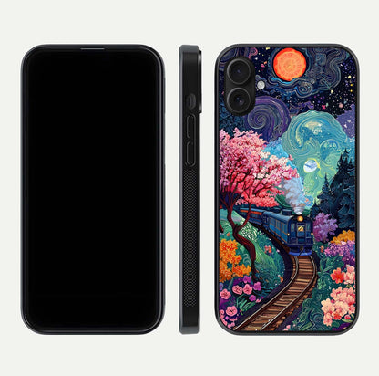 Celestial Train Journey Glass Case for iPhone 16 Plus dual-view layout showing cosmic art balance and curved glass edges