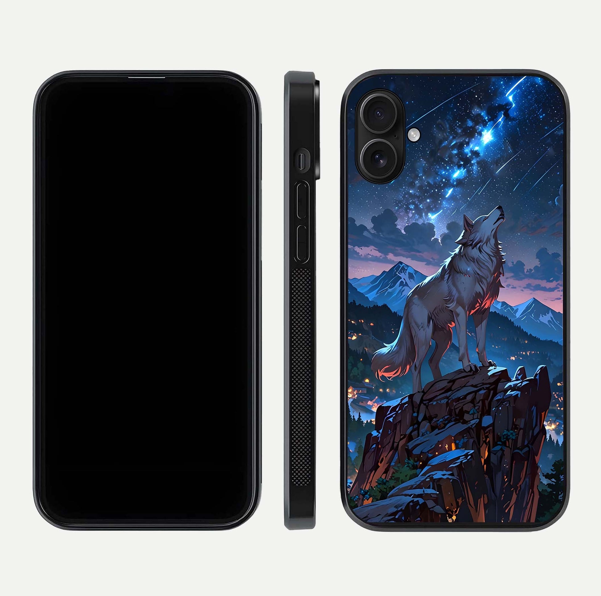 Celestial Wolf Howl Glass Case for iPhone 16 Plus dual-view layout displaying night tones and protective glass edges