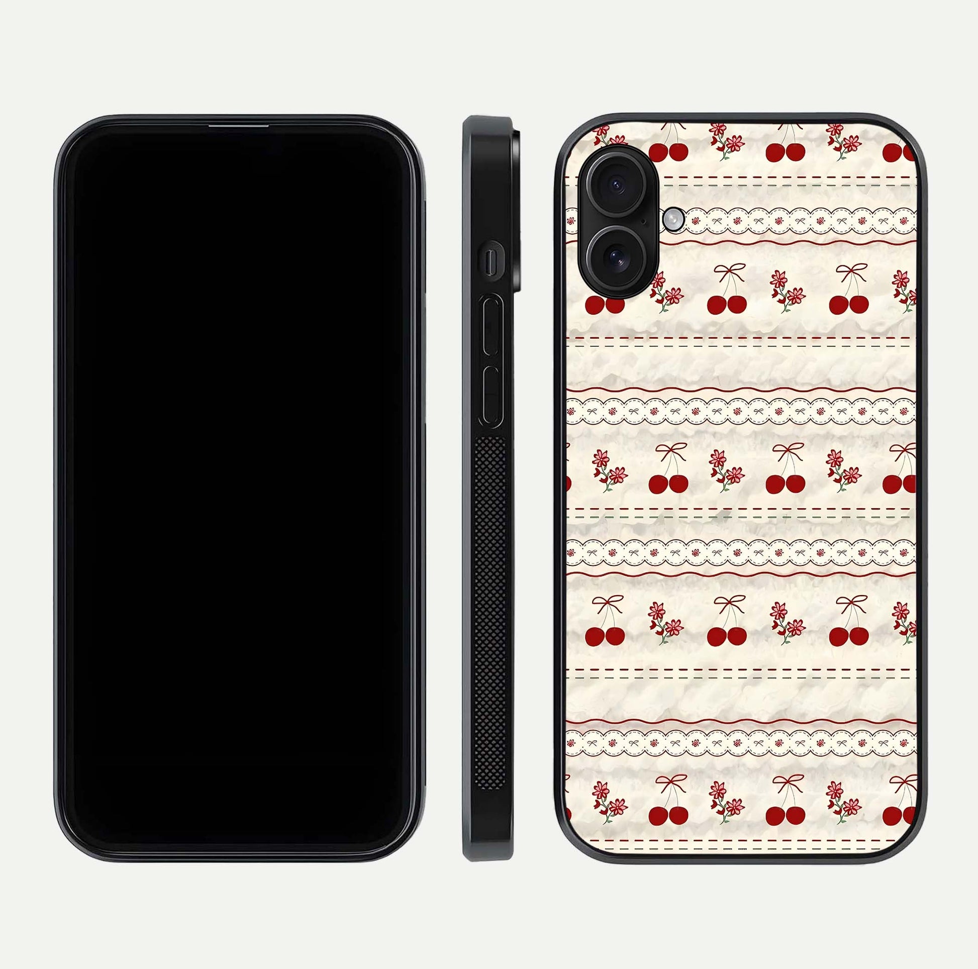 Cherry Bloom Charm Glass Case for iPhone 16 Plus front-and-back layout displaying floral art and smooth finish