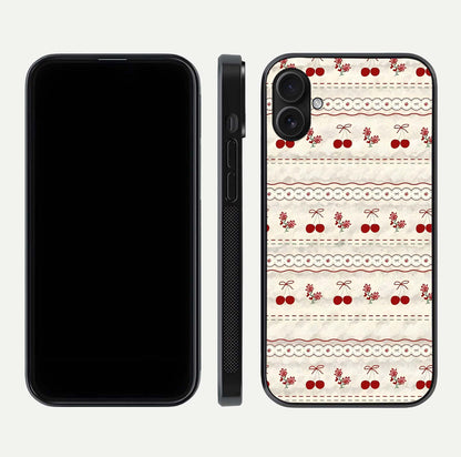 Cherry Bloom Charm Glass Case for iPhone 16 Plus front-and-back layout displaying floral art and smooth finish