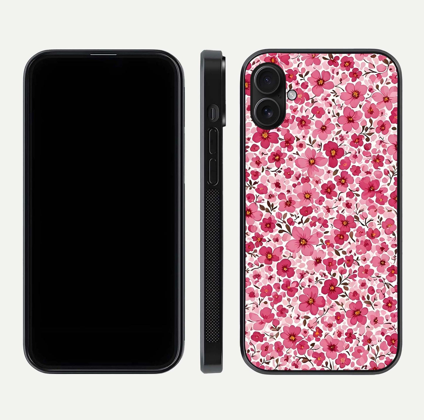 Cherry Blossom Charm Glass Case for iPhone 16 Plus dual-view layout showing elegant floral balance and HD gloss