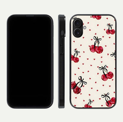 Cherry Heart Bow Glass Case for iPhone 16 Plus front-and-back view showing design clarity and edge protection