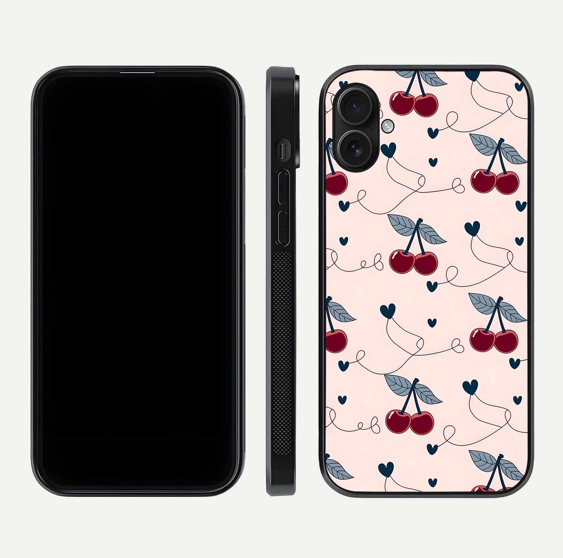 Cherry Heart Line Glass Case for iPhone 16 Plus dual-view layout displaying minimal cherry motif and edge design