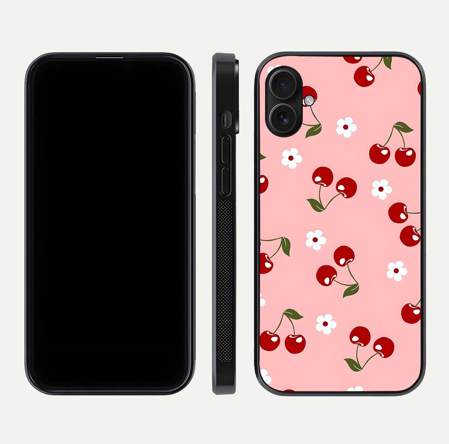 Cherry Love Mood Glass Case for iPhone 16 Plus dual-view layout showing design alignment and curved edges