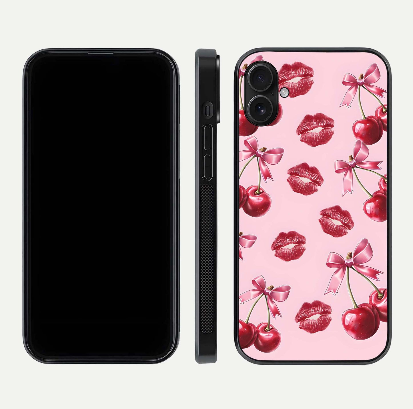 Cherry With Lips Glass Case for iPhone 16 Plus front-and-back layout displaying detailed design and glass finish