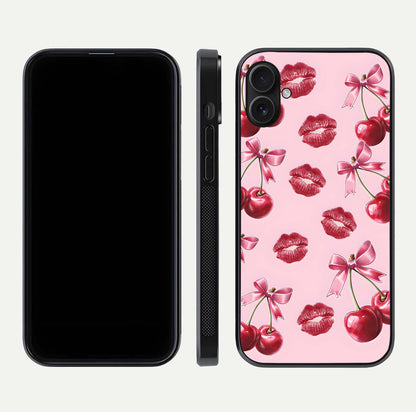 Cherry With Lips Glass Case for iPhone 16 Plus front-and-back layout displaying detailed design and glass finish