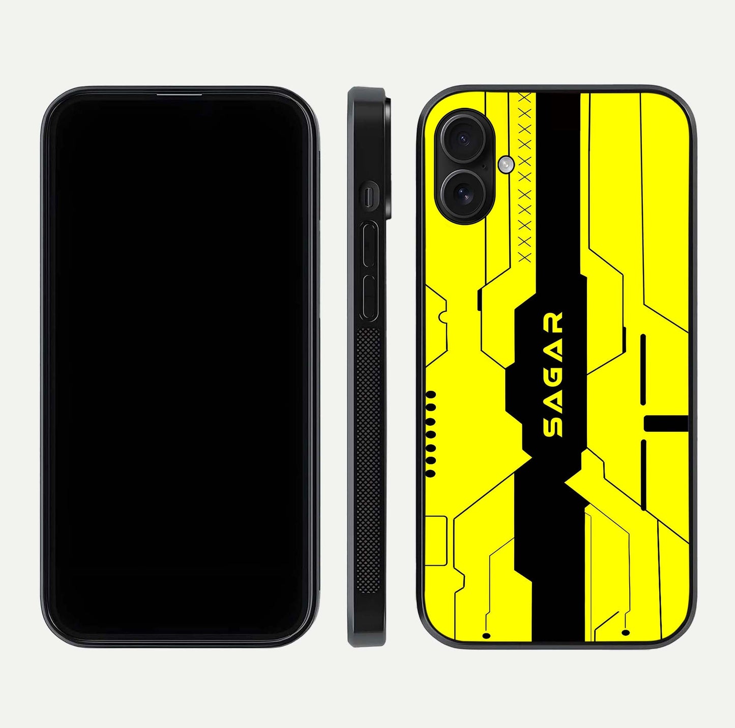 Circuit CYBERPUNK Custom Name Glass Case for iPhone 16 Plus dual-view layout showing bold tech art and edge clarity