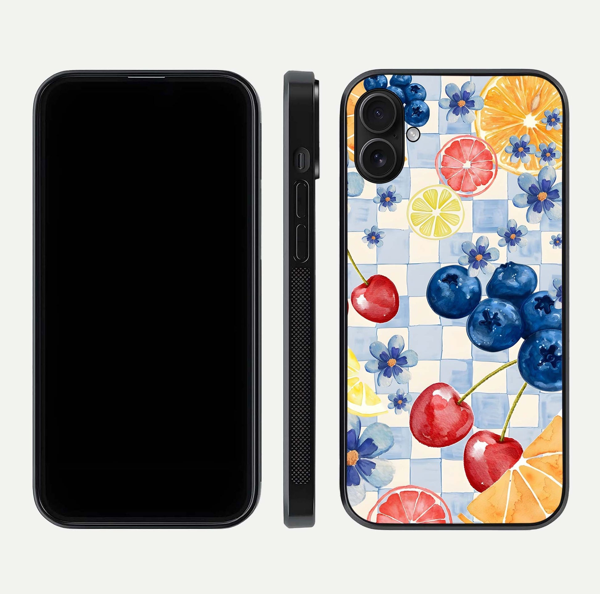 Citrus Bloom Joy Glass Case for iPhone 16 Plus dual-view layout displaying colorful print and smooth edges