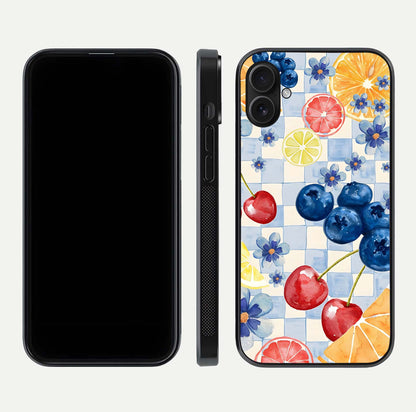 Citrus Bloom Joy Glass Case for iPhone 16 Plus dual-view layout displaying colorful print and smooth edges