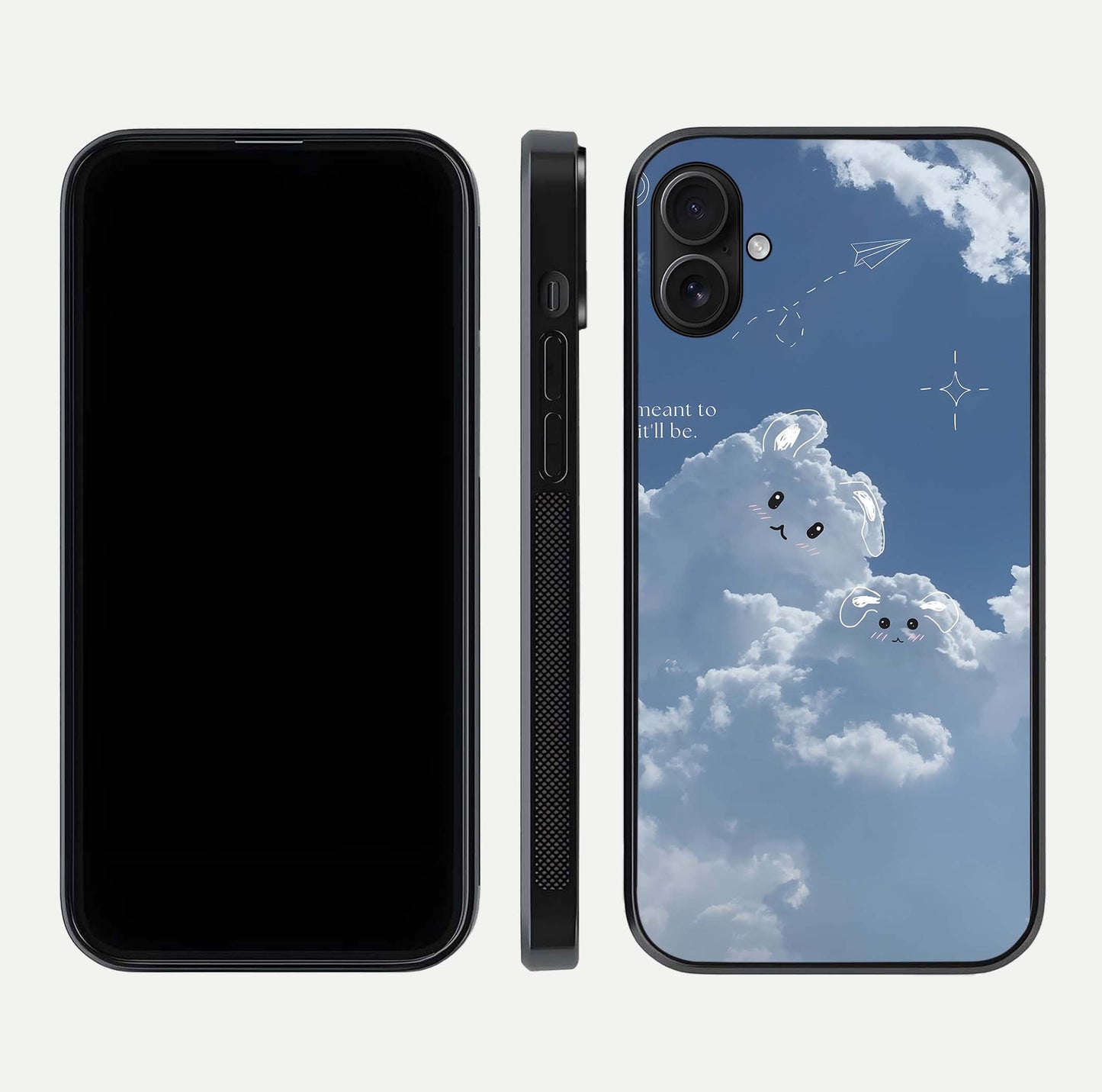 Cloud Bunny Dreams Glass Case for iPhone 16 Plus dual-view layout displaying aesthetic tones and smooth polish