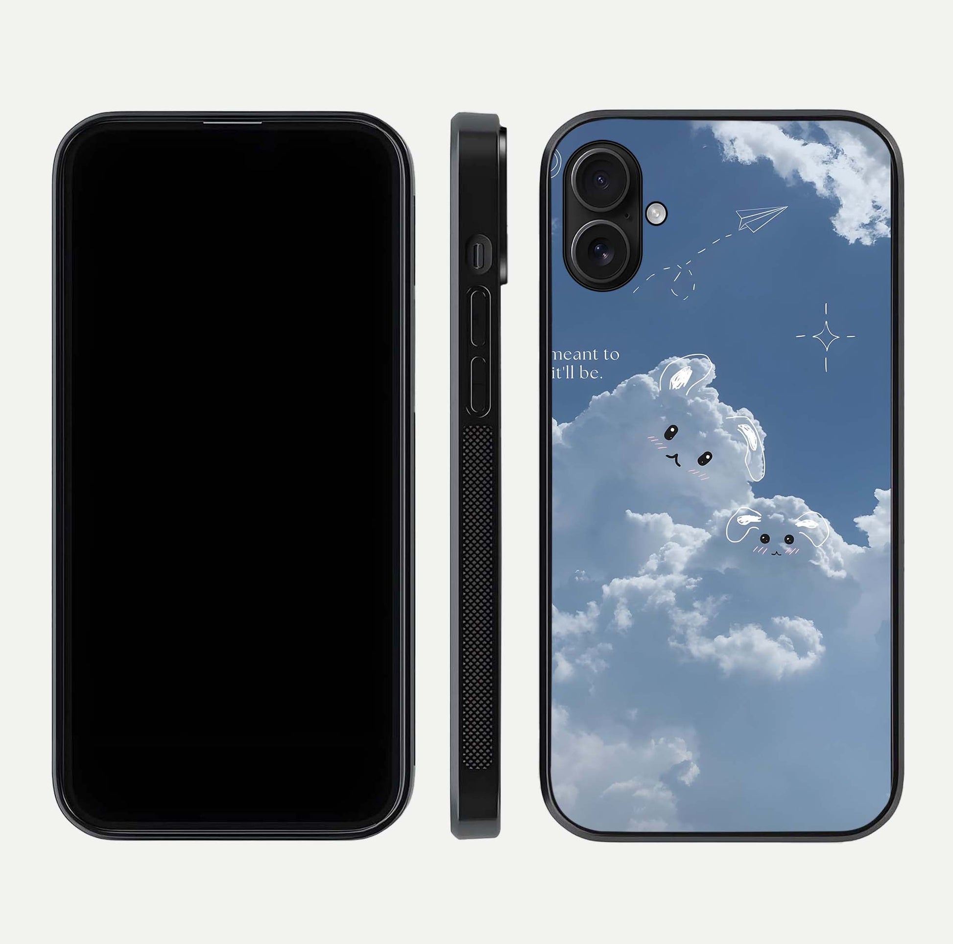 Cloud Bunny Dreams Glass Case for iPhone 16 Plus dual-view layout displaying aesthetic tones and smooth polish