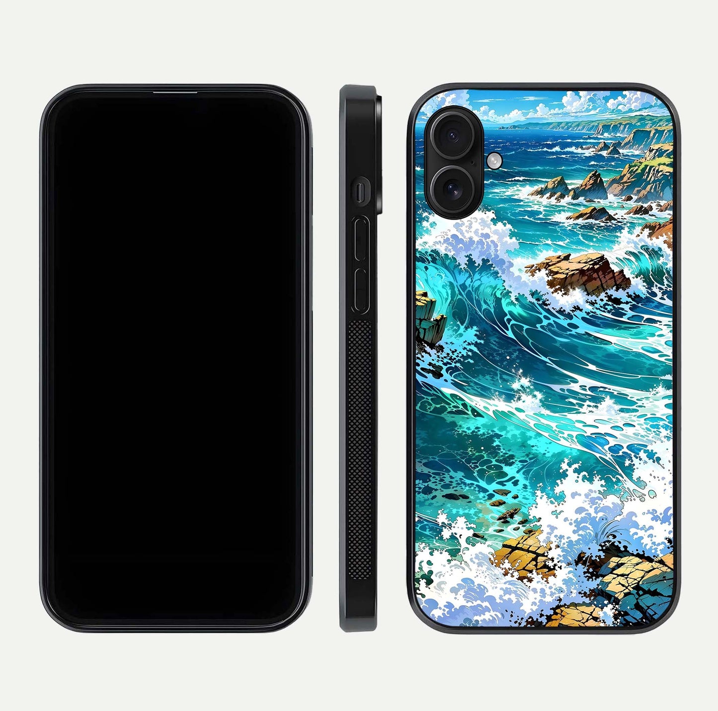 Coastal Blue Waves Glass Case for iPhone 16 Plus dual-view layout displaying sea tones and curved finish
