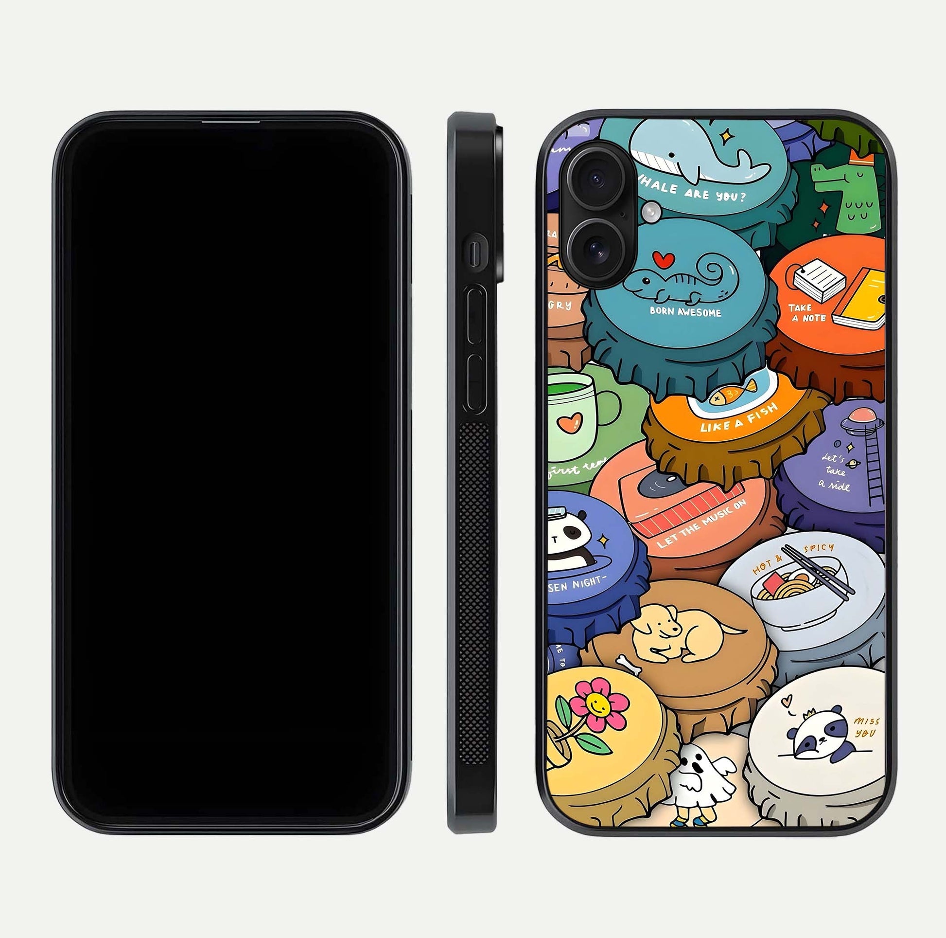 Coins Patterns Glass Case for iPhone 16 Plus dual-view layout displaying elegant art and glass clarity