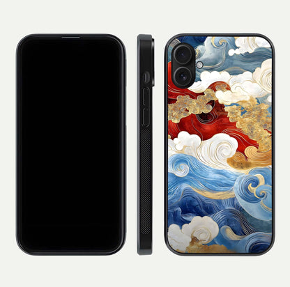Colored Waves Glass Case for iPhone 16 Plus front & back layout showing smooth edges and vivid print tones