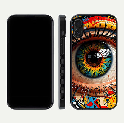Colorful Eye Glass Case for iPhone 16 Plus dual-view layout displaying vivid tones and smooth glass edges
