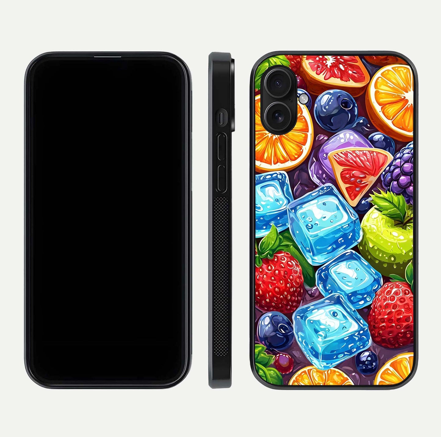 Colorful Fruits with Ice Glass Case for iPhone 16 Plus dual-view layout showing fresh tones and polished edges