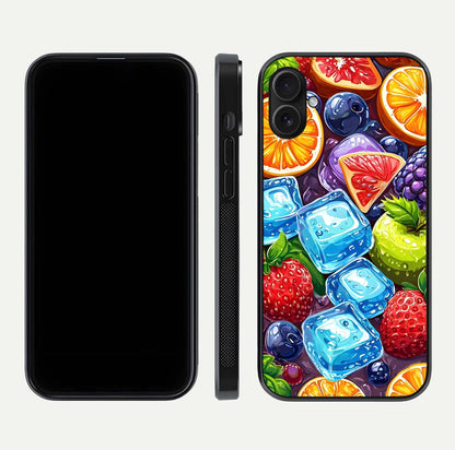 Colorful Fruits with Ice Glass Case for iPhone 16 Plus dual-view layout showing fresh tones and polished edges