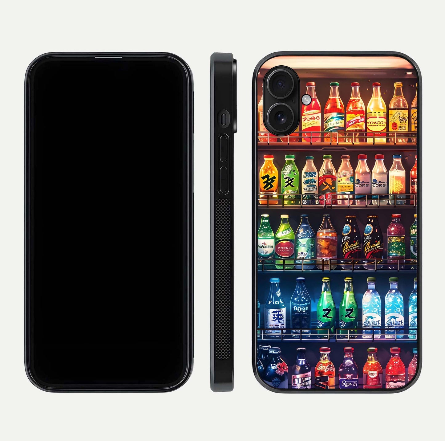 Colorful Soda Bottles Glass Case for iPhone 16 Plus dual-view layout displaying playful tones and gloss clarity