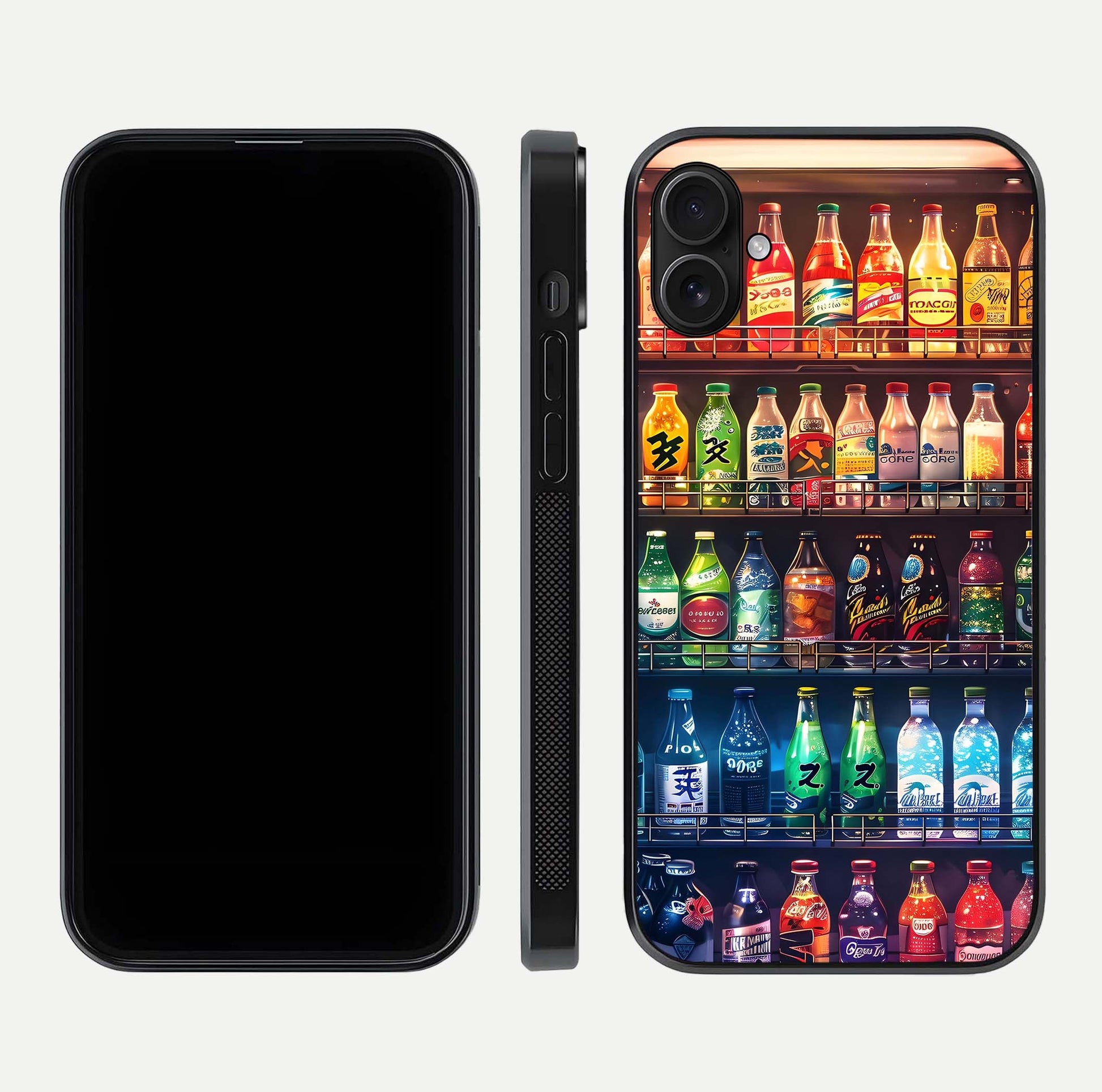 Colorful Soda Bottles Glass Case for iPhone 16 Plus dual-view layout displaying playful tones and gloss clarity