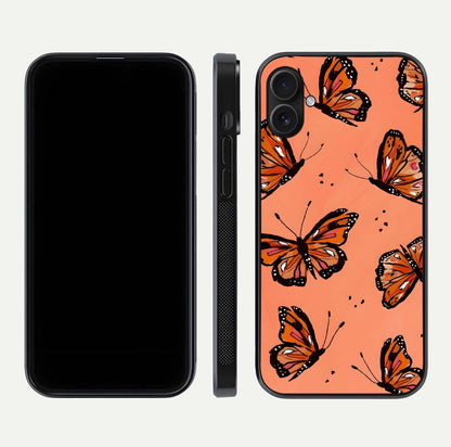 Coral Wing Butterfly Glass Case for iPhone 16 Plus dual-view layout displaying soft floral tones and curved edges