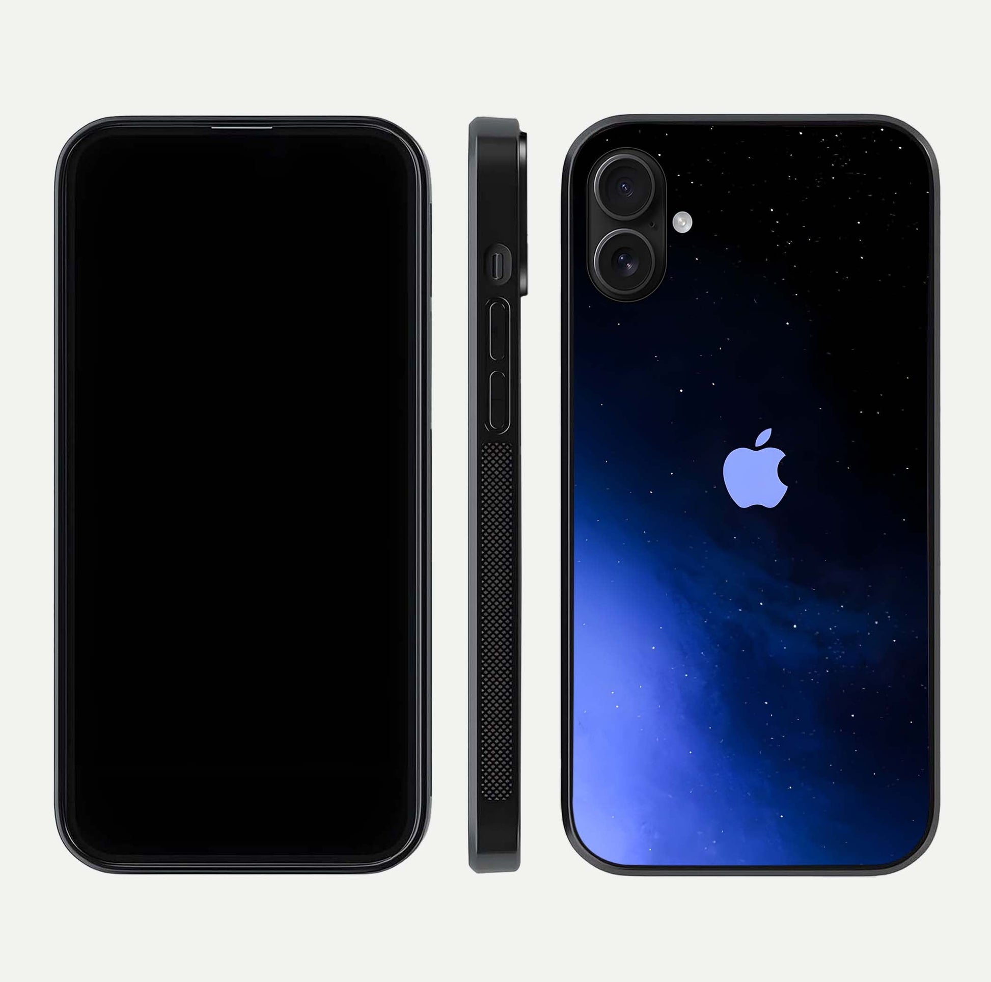 Cosmic Blue Apple Glass Case for iPhone 16 Plus dual-view layout displaying cosmic tones and glass edges