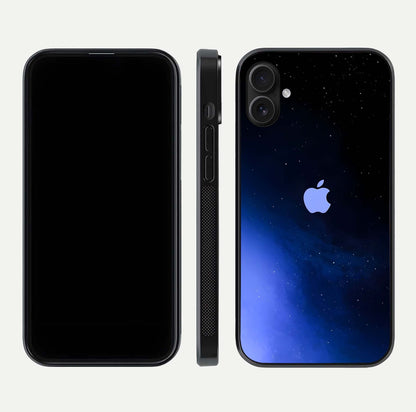 Cosmic Blue Apple Glass Case for iPhone 16 Plus dual-view layout displaying cosmic tones and glass edges