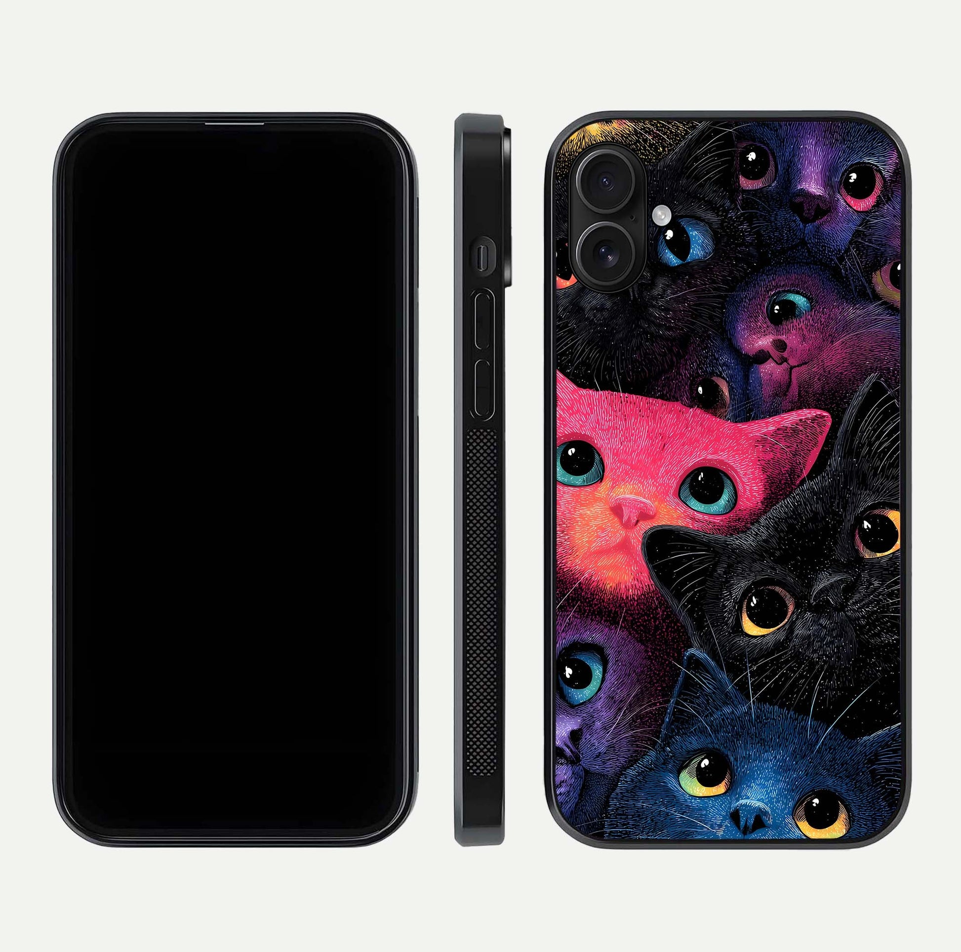Cosmic Cats Dreams Glass Case for iPhone 16 Plus dual-view layout displaying HD print and glossy shine