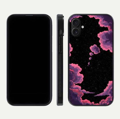 Cosmic Cloud Journey Glass Case for iPhone 16 Plus dual-view layout displaying celestial tones and edge clarity