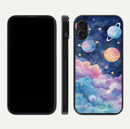Cosmic Planet Dreams Glass Case for iPhone 16 Plus dual-view layout displaying galaxy colors and curved finish