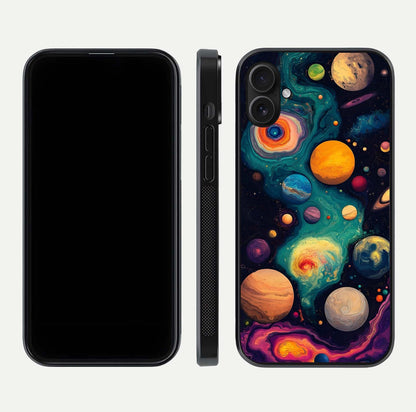 Cosmic Planet Journey Glass Case for iPhone 16 Plus dual-view layout displaying colorful cosmic balance