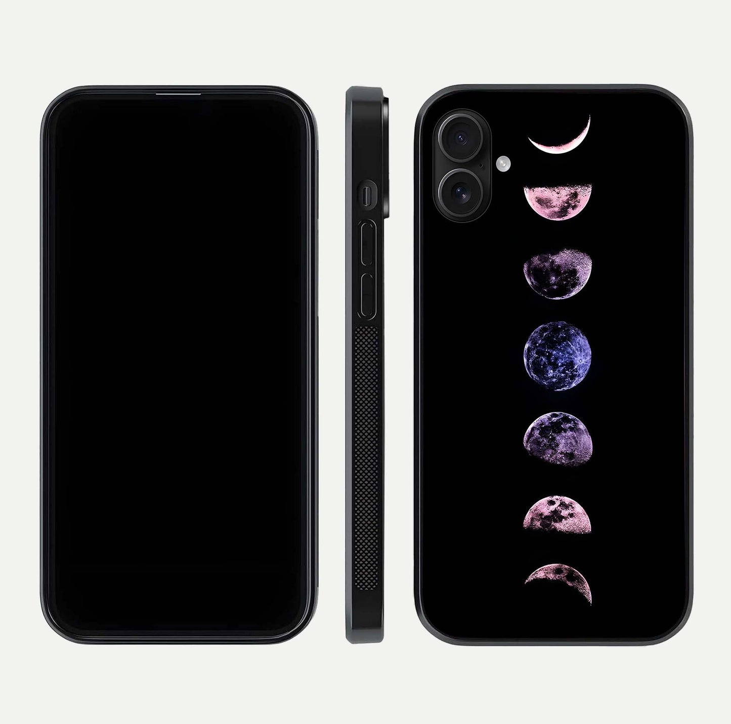 Crimson All Planets Glass Case for iPhone 16 Plus dual-view layout displaying crimson tones and curved edges