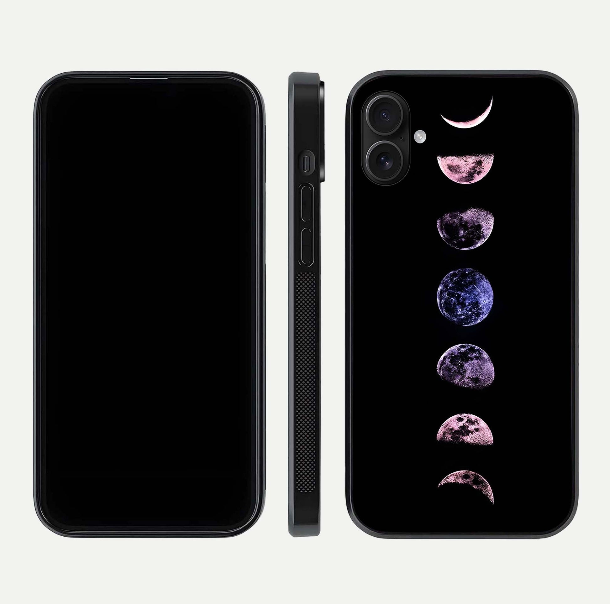 Crimson All Planets Glass Case for iPhone 16 Plus dual-view layout displaying crimson tones and curved edges