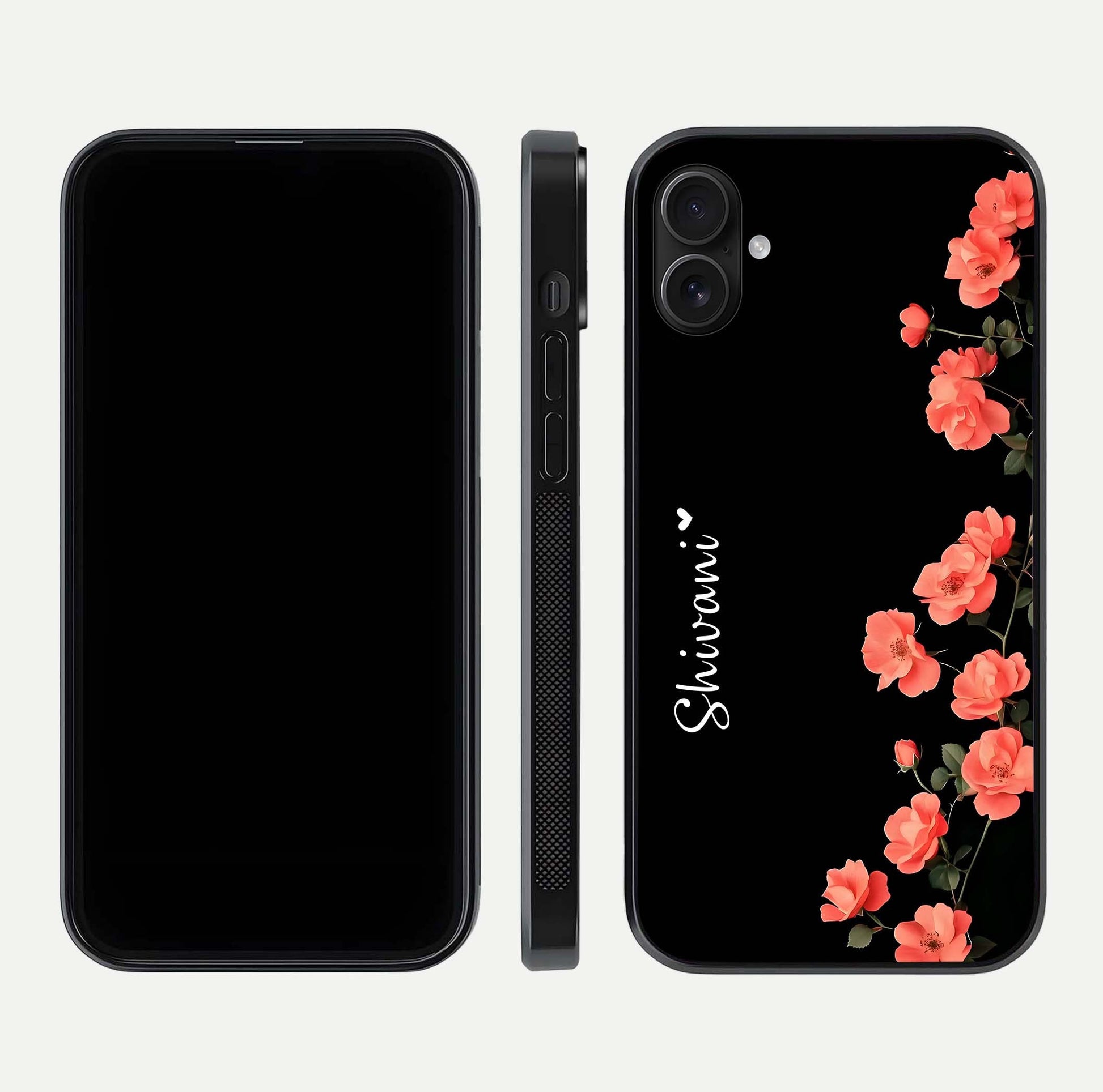 Crimson Bloom Grace Custom Name Glass Case for iPhone 16 Plus dual-view layout displaying custom text and smooth curved edges